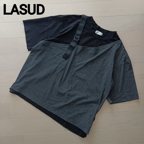 1975 LASUD ラシュッド 半袖Tシャツ カットソー 重ね着風 ブラック グレー
