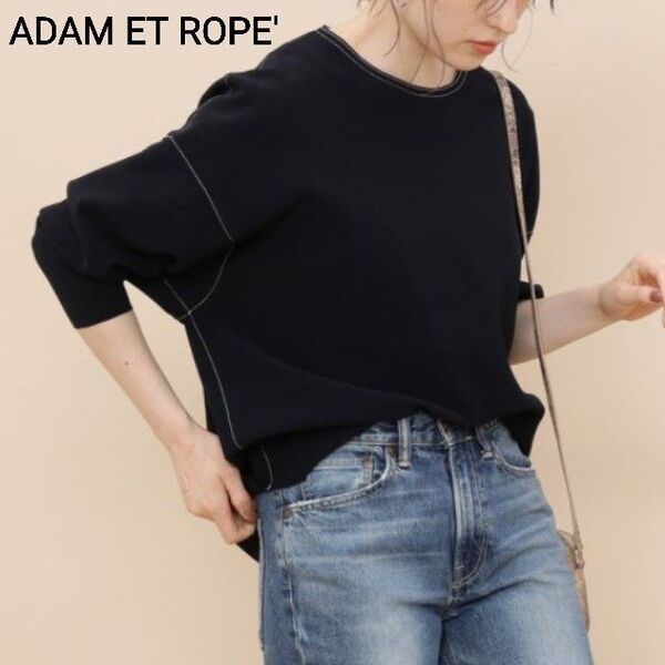 1959 ADAM ET ROPE' アダムエロペ ニットジョーゼットボンディングチュニック ネイビー 長袖カットソー 36