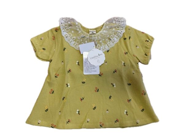新品 100cm 花柄 イエロー ワッフル レース襟 半袖 トップス Tシャツ 女の子 子ども キッズ 夏服 LoulouAmi