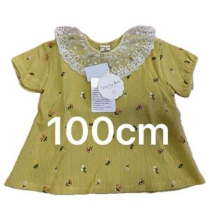 新品 100cm 花柄 イエロー ワッフル レース襟 半袖 トップス Tシャツ 女の子 子ども キッズ 夏服 LoulouAmi