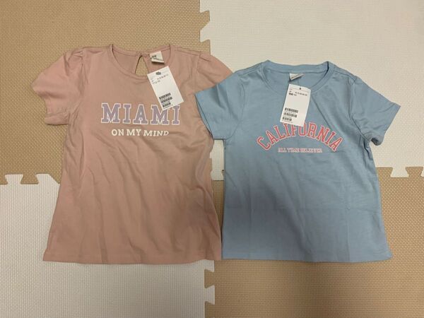 新品 H&M ピンク ブルー ロゴ 半袖Tシャツ トップス セット 水色 女の子 子ども服 夏服 エイチアンドエム