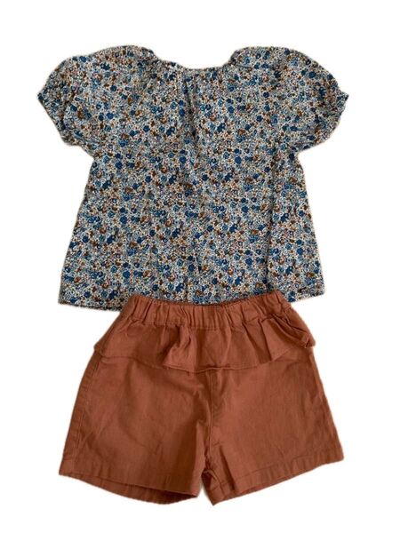100cm juo ブルー 花柄チュニック 半袖 パフスリーブ ブラウス ショートパンツ セットアップ 夏服 女の子 子ども服
