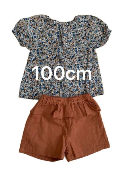 100cm juo ブルー 花柄チュニック 半袖 パフスリーブ ブラウス ショートパンツ セットアップ 夏服 女の子 子ども服