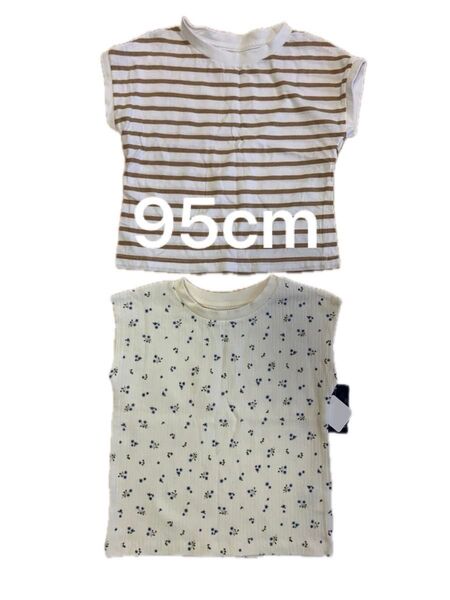 新品 美品 95 ボーダー ノースリーブ Tシャツ カットソー 花柄 リブトップス セット 夏服 西松屋 女の子 子ども服