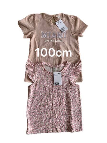 新品 100 H&M ピンク 半袖 パフスリ ロゴ Tシャツ 花柄ノース トップス セット 女の子子ども服 夏服 エイチアンドエム
