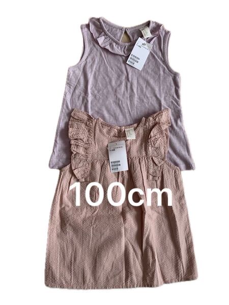 新品 100 H&M ピンク パープル フリル ノースリーブトップス Tシャツ セット エイチアンドエム 女の子 子ども服 夏服