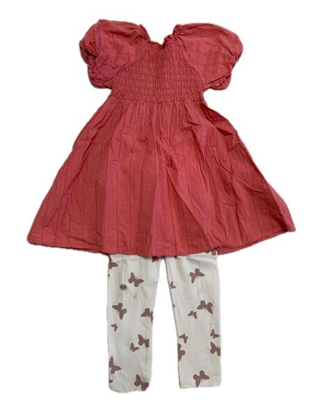100 110 H&M birthday レッド 半袖 パフスリーブワンピース 蝶々レギンス パンツ セット 女児 夏服 子ども服