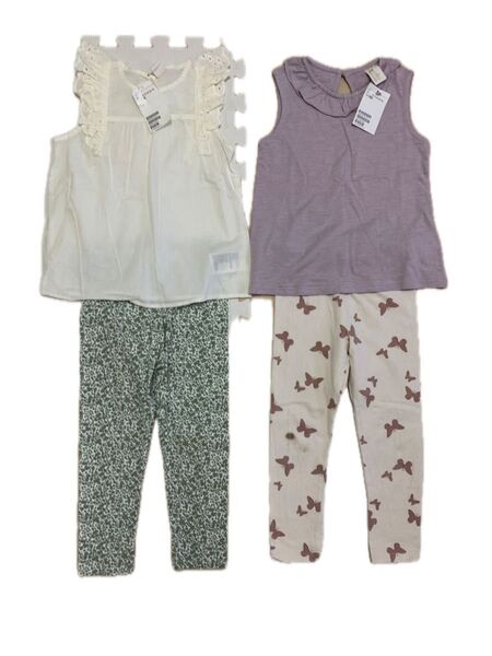 新品 100 H&M フリル ノースリーブ ブラウス トップス チュニック 花柄 蝶々 レギンス セットアップ 女児夏服 子ども服