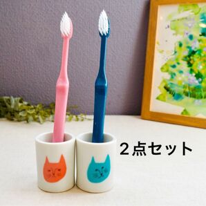 ハブラシスタンド ネコ レッド グリーン ハレクタニ 【九谷焼】2点セット 猫