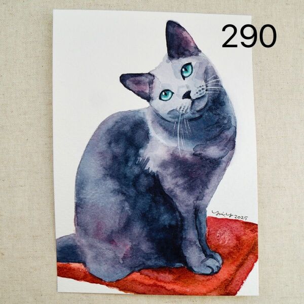 猫の絵 290 水彩画 原画 グレー猫 2L判