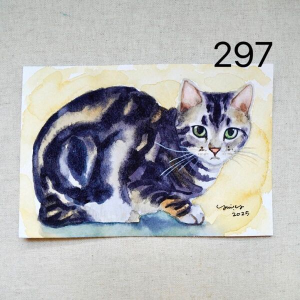 猫の絵 297 水彩画 原画 アメショー ポストカードサイズ