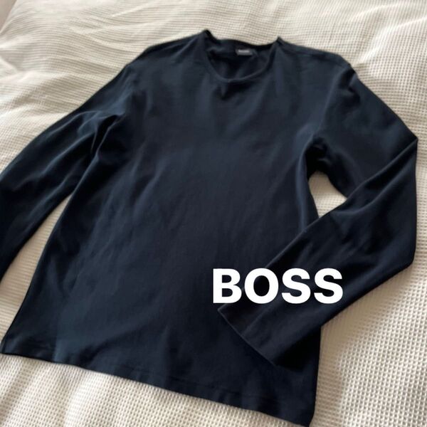 BOSS /HUGO BOSSメンズ Vネック 長袖Tシャツ カットソー ロンT 濃紺 コットンストレッチ