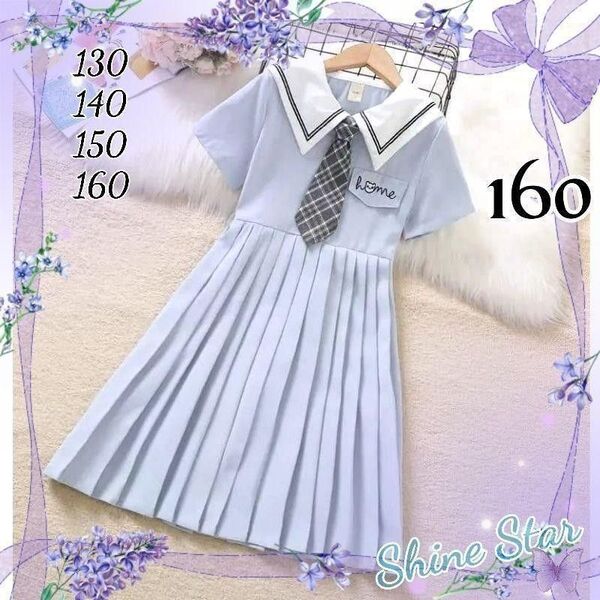 清楚女の子 半袖 水色 プリーツ ワンピース 160 新品未使用 春 夏涼しい 制服 夏物 女子 キッズ ガール