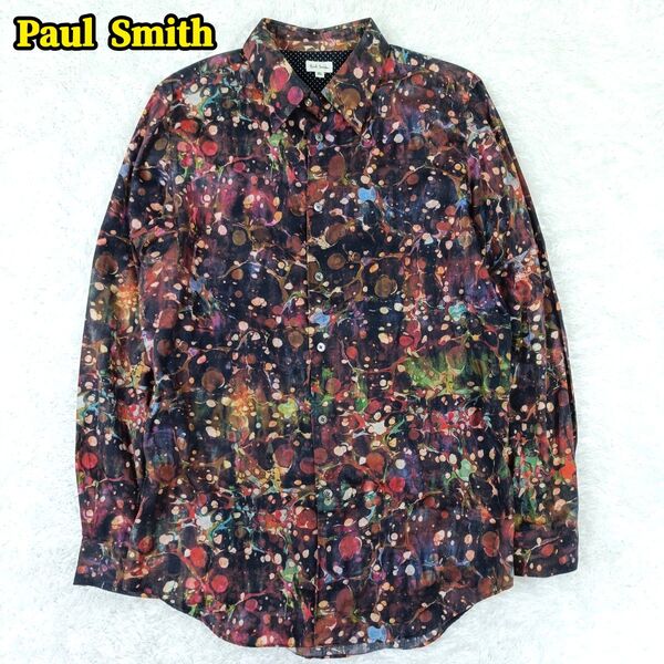 Paul Smith ポールスミス 大きいサイズ マルチカラー 総柄 長袖 シャツ 貝ボタン 首元金ボタン ペイント アート XL