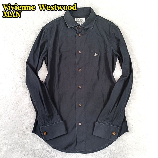 Vivienne Westwood MAN 刺繍 オーブ 長袖シャツ ダブルカフス ワイドカラー オーブボタン 黒 ブラック 46