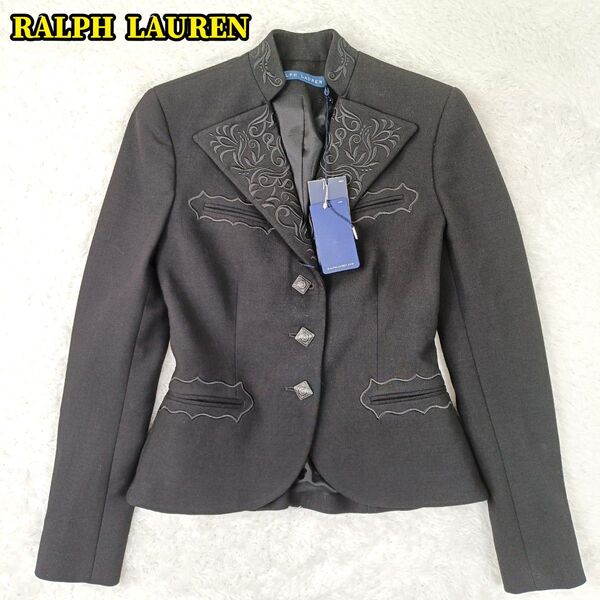 RALPH LAUREN ラルフローレン タグ付 テーラードジャケット 刺繍 銀ボタン ウール ストレッチ 希少デザイン 黒