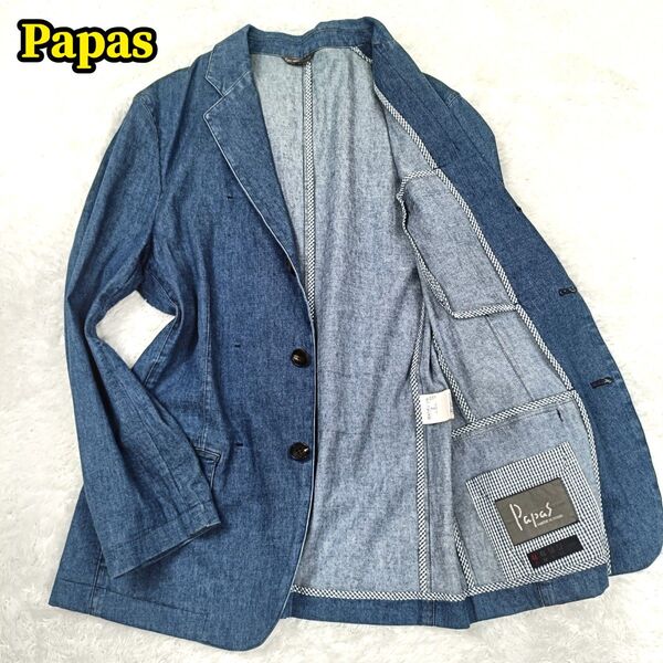 Papas パパス ストレッチ インディゴ コットン リネン テーラードジャケット アンコンジャケット 段返り3B 刺繍ロゴ S