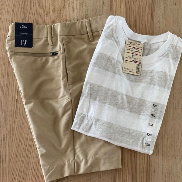 新品 120㎝ GAPコンフォートストレッチパンツ/無印良品 半袖ワイドTシャツ オーガニックコットン