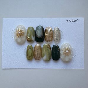 ネイルチップ 振袖ネイル 和装ネイル ぷっくりフラワー 緑 グリーンネイル ニュアンスネイル 金 ミラーネイル