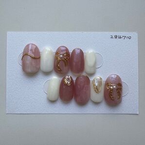 ネイルチップ ニュアンスネイル ピンク 金 ゴールド ミラーネイル ぷっくりネイル リボンネイル フレンチネイル