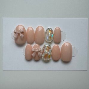ネイルチップ リボンネイル ベージュピンク 埋め込みネイル キラキラネイル シンプルネイル オーロラネイル