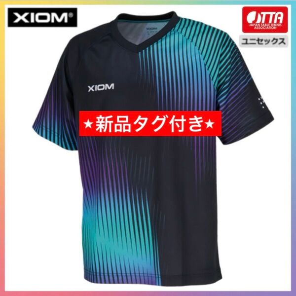 新品 タグ付き エクシオン 卓球ウェア ユニフォーム 男女兼用 Mサイズ Vネック ストライプ JTTA 黒 青