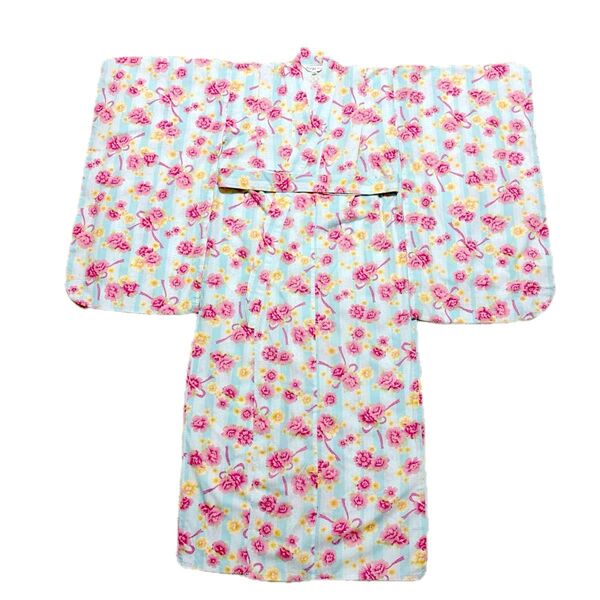 【美品】子供浴衣/子供ゆかた 水色×ピンク花柄×レース柄120cm 女の子 夏祭り