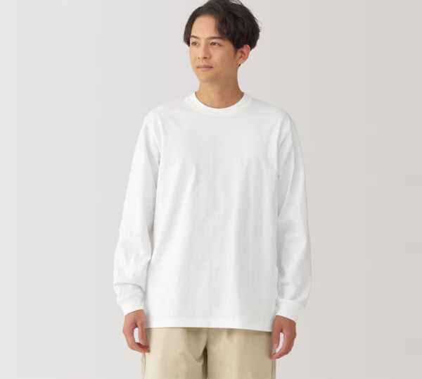 紳士 洗いざらし太番手クルーネック長袖Tシャツ L ホワイト