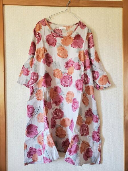 mur-mur-ntr リネン 花柄 七分袖 Aライン チュニック ワンピース 麻