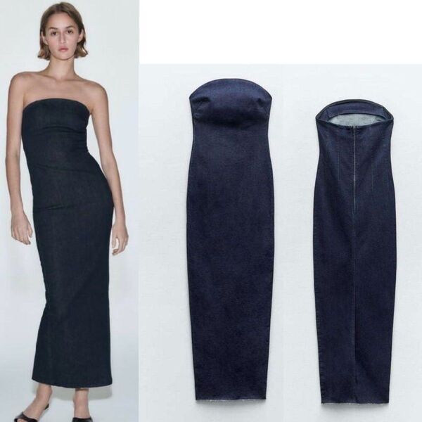 ZARA デニム ベアトップ ロング丈 ワンピース XS
