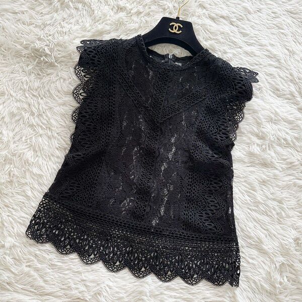 ZARA レース ノースリーブ トップス 黒 S