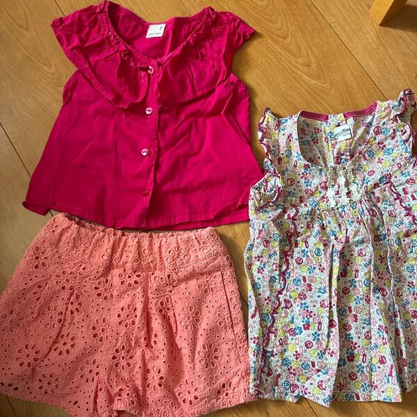 女の子 トップス等3点セット80〜90 プティマイン2点 ラブアンドピースワンピース1点 ショートパンツ ノースリシャツ 花柄