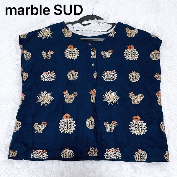 《希少》マーブルシュッド 総刺繍 サボテン柄 ブラウス 麻 ネイビー 総柄