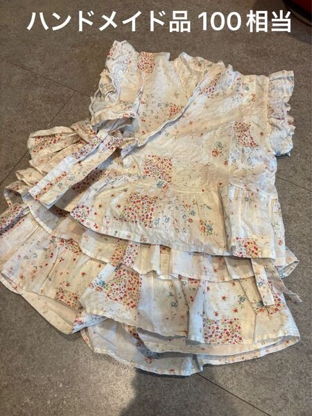 ハンドメイド品/100サイズ相当/花柄/甚平/白/肩レース