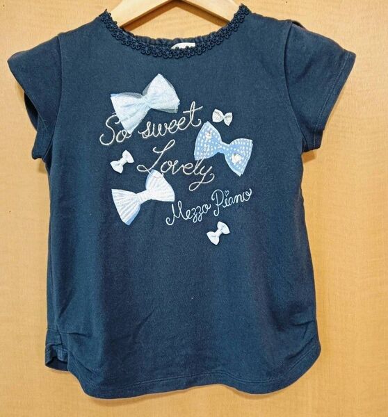 mezzo piano メゾピアノ リボン刺繍入りTシャツ 130cm ネイビー