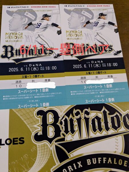 6/11(水)18時〜オリックスバファローズーDNAベイスターズ交流戦 京セラドーム1塁側スーパーシート通路側含む2席価格