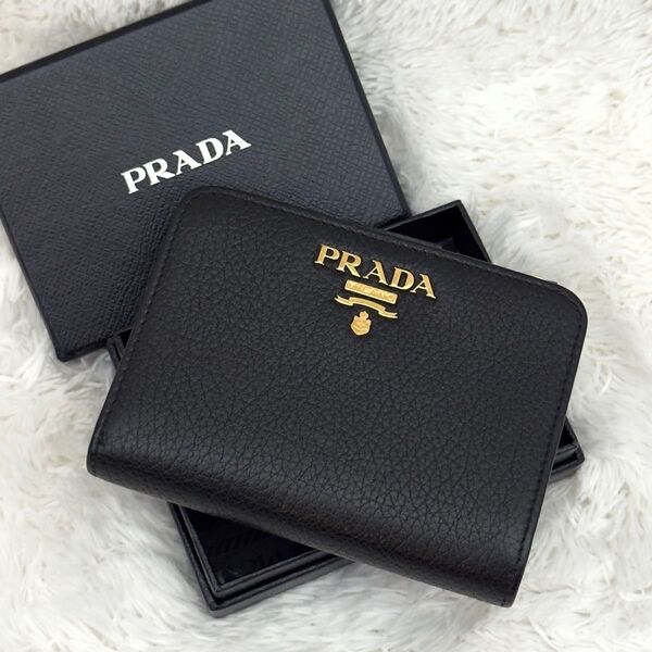 ☆新品級☆RFID搭載 PRADA プラダ ヴィッテログレイン ブラック 財布 ICチップ ゴールド金具 レザー ブラック