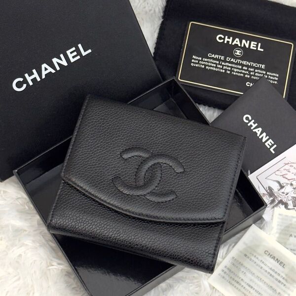 ☆極上美品☆CHANEL シャネル キャビアスキン 二つ折り ブラック 財布 Wホック ココマーク ギャランティーカード
