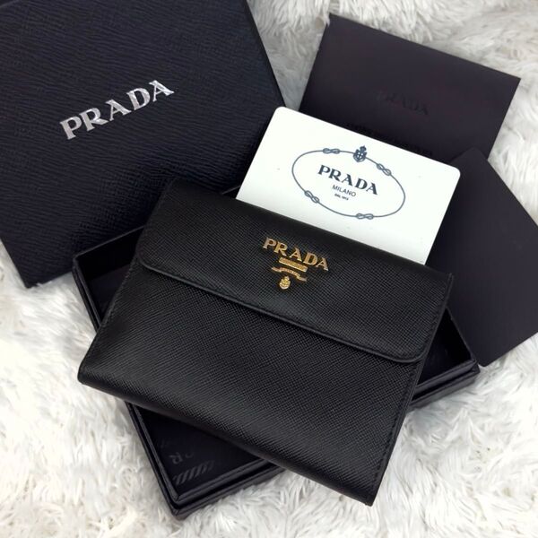 PRADA プラダ サフィアーノ 財布 ゴールド金具 ブラック NERO Wホック ギャランティーカード