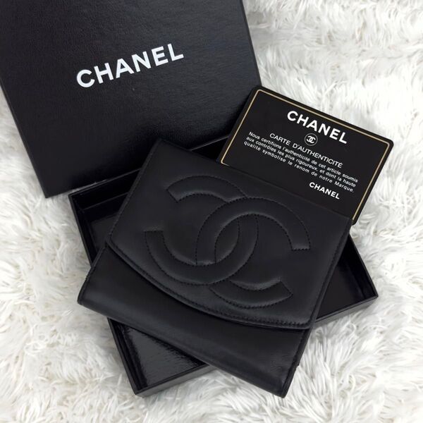 ☆美品☆CHANEL シャネル ラムスキン 二つ折り 財布 ココマーク ギャラ付き レザー Wホック ブラック
