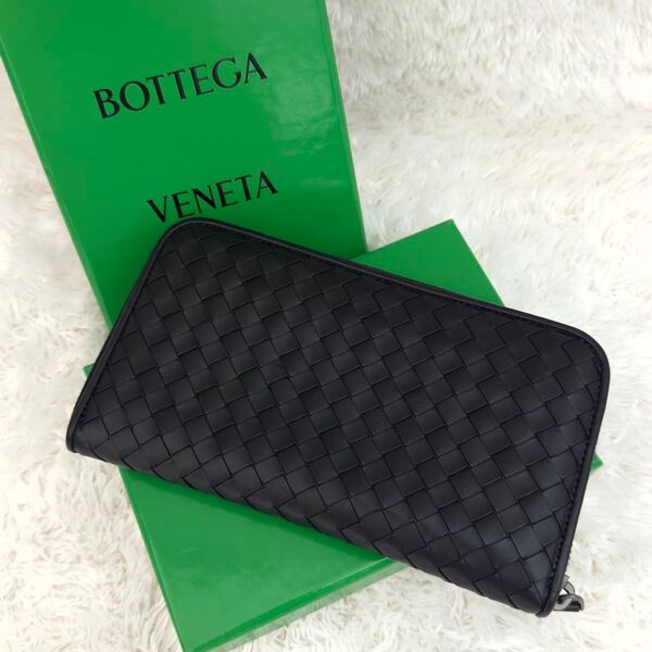 ☆極上美品☆ボッテガヴェネタ イントレチャート ラウンドファスナー 長財布 BOTTEGA VENETA 黒 ブラック レザー