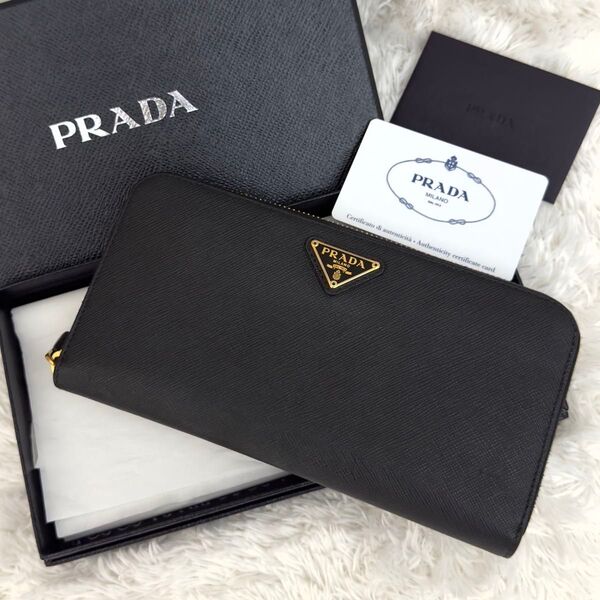 ☆美品☆PRADAプラダ サフィアーノ レザー 財布 トライアングルロゴ 三角ロゴ ジップアラウンド トライアングルプレート