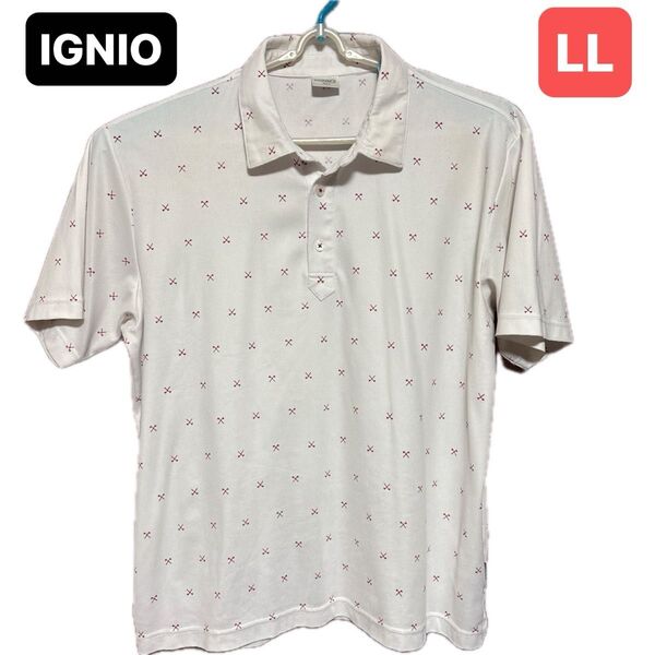 IGNIO 半袖ポロシャツ メンズ LLサイズ ホワイト系 ゴルフウェア 総柄 イグニオ