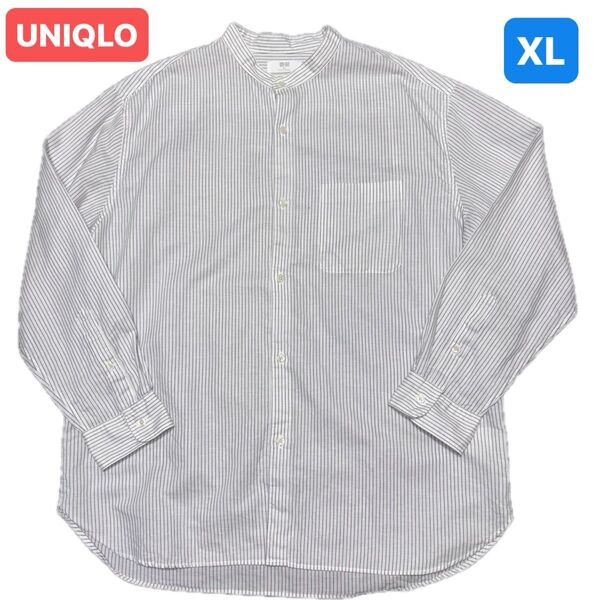 UNIQLO(ユニクロ) 長袖リネンシャツ スタンドカラー メンズ XLサイズ グレー系ストライプ コットンリネン