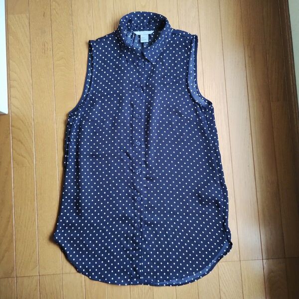 中古)H&M 水玉ノースリーブブラウス 紺×白 ネイビー ドット サイズ34