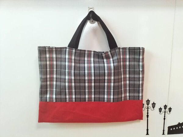 ハンドメイド レッスンバッグ チェック柄 グレー系