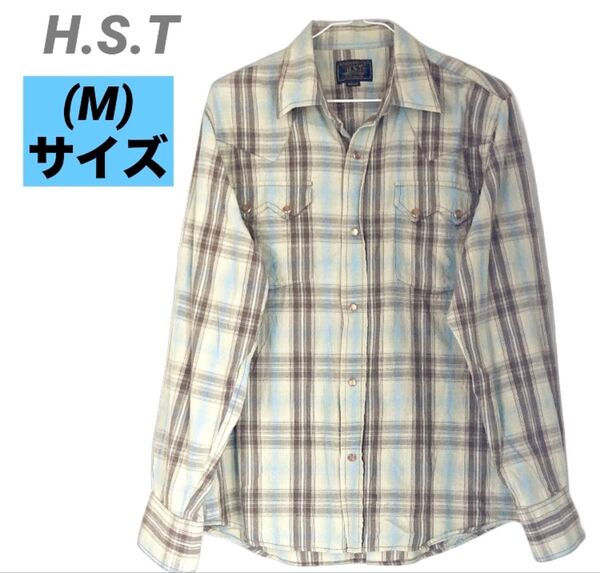 メンズ H.S.T カジュアルシャツ 長袖 チェックシャツ ブルー ブラウン チェック シャツ メンズ Mサイズ 古着