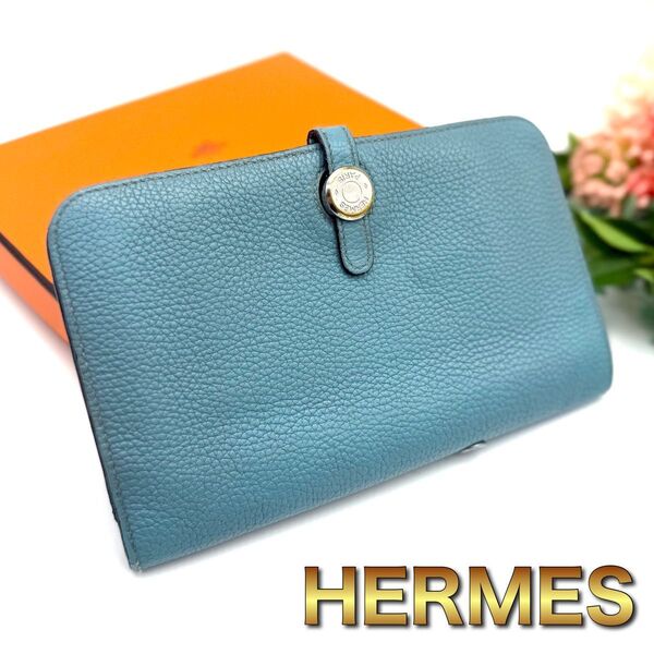 HERMES エルメス ドゴン デュオ GM ブルー 二つ折り財布 K40