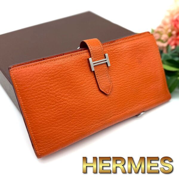 HERMES エルメス ベアンスフレ オレンジ エプソン 二つ折り財布 I29