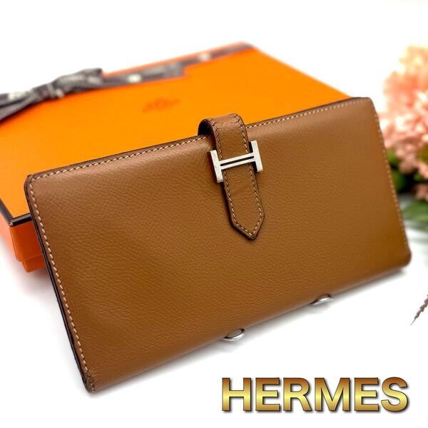 超美品☆HERMES エルメス ベアン ブラウン 二つ折り 長財布 K55